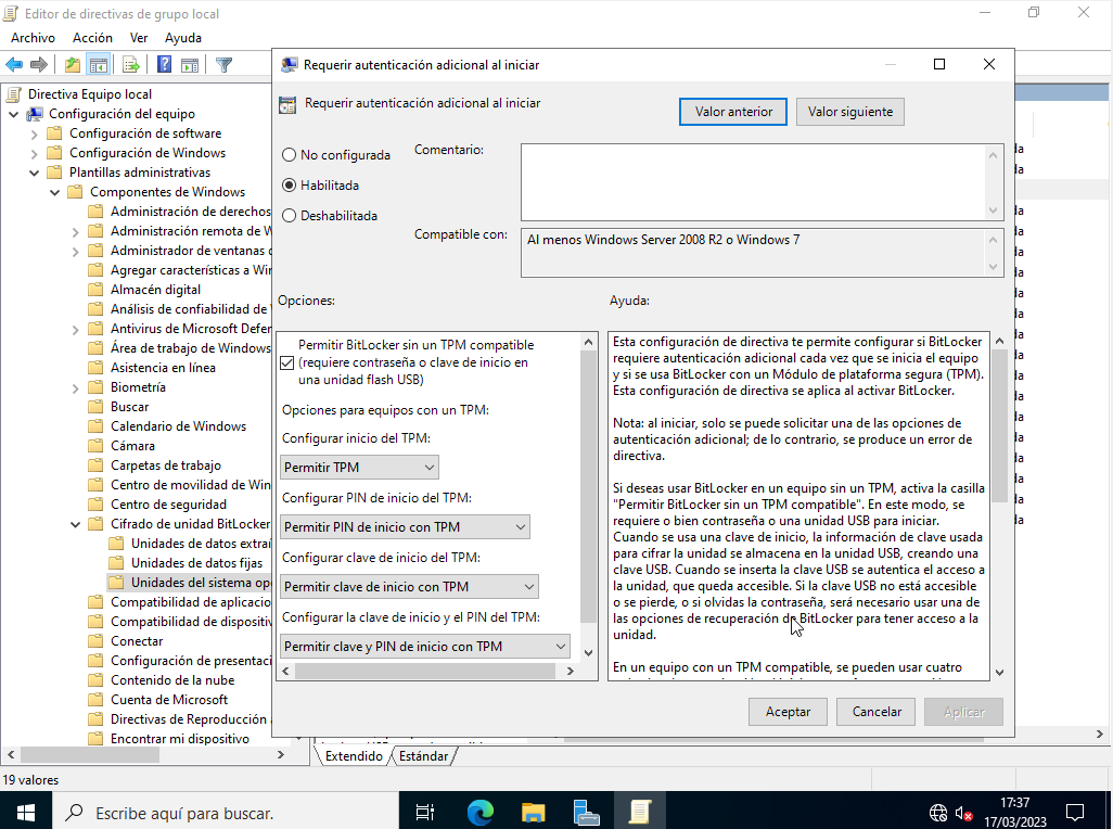 Directiva Bitlocker sin TMP