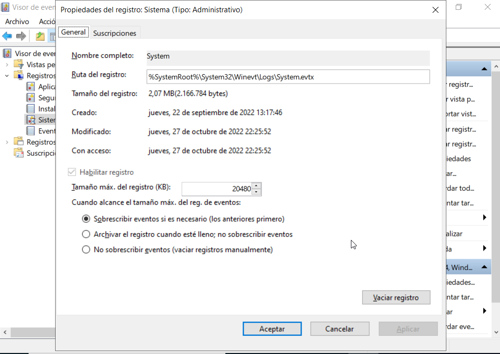 Propiedades del registro