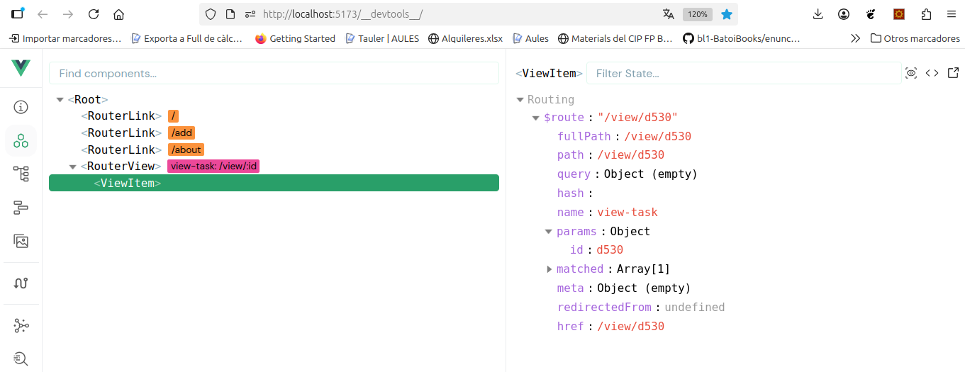 Vue Dev Tools mostrando la vista de una tarea
